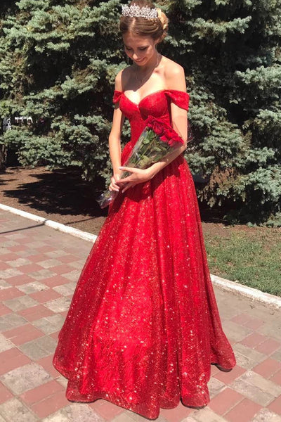 Shiny Off the Shoulder Red Long Prom Dresses, Off Shoulder Red Long Formal Evening Dresses