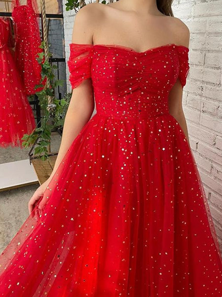 Shiny Off the Shoulder Red Long Prom Dresses, Red Off Shoulder Formal Graduation Dresses