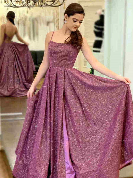 Shiny Purple Long Prom Dresses, Purple Long Formal Evening Dresses