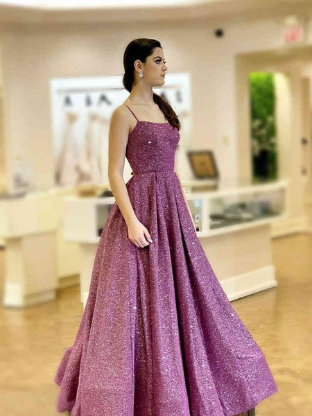 Shiny Purple Long Prom Dresses, Purple Long Formal Evening Dresses