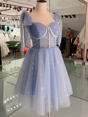 Shiny Short Blue Prom Dresses, Short Blue Formal Homecoming Dresses