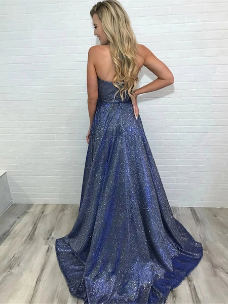 Shiny Spaghetti Straps Blue V Neck Long Prom Dresses, V Neck Blue Long Formal Evening Dresses