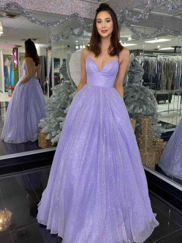 Shiny V Neck Backless Purple Pink Prom Dresses, Open Back V Neck Formal Evening Dresses