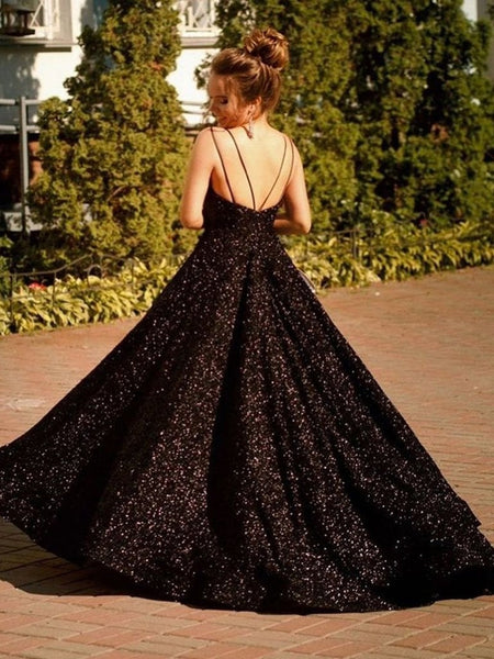 Shiny V Neck Black Prom Dresses, Black V Neck Lace Formal Evening Dresses