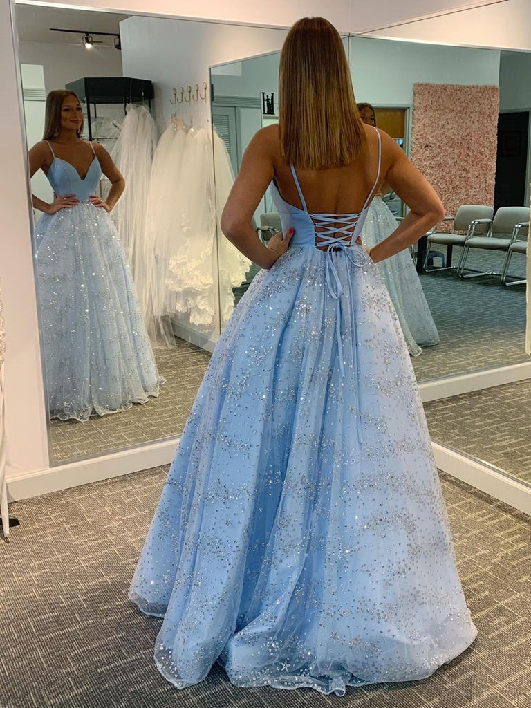Shiny V Neck Blue Long Prom Dresses, Blue Long Formal Evening Dresses jbydress Shiny V Neck Blue Long Prom Dresses, Blue Long Formal Evening Dresses jbydress