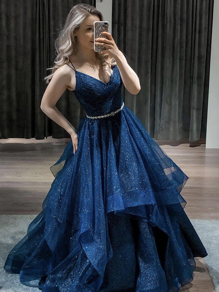 Shiny V Neck Blue Long Prom Dresses, Blue V Neck Long Formal Evening Dresses