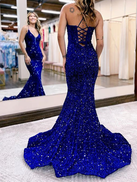 Shiny V Neck Blue Mermaid Prom Dresses, Blue Mermaid Formal Evening Dresses