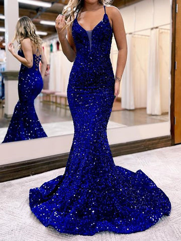 Shiny V Neck Blue Mermaid Prom Dresses, Blue Mermaid Formal Evening Dresses