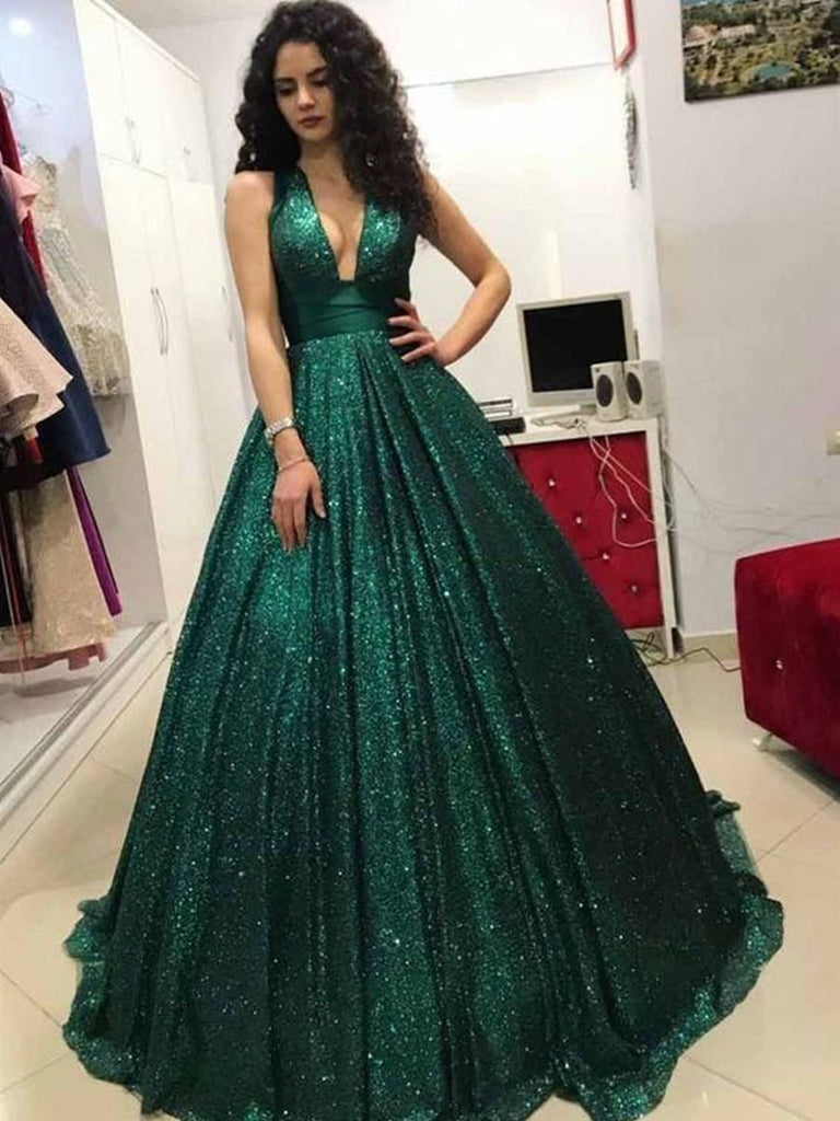 Shiny V Neck Dark Green Prom Dresses, Dark Green Long Formal Evening D jbydress Shiny V Neck Dark Green Prom Dresses, Dark Green Long Formal Evening D jbydress