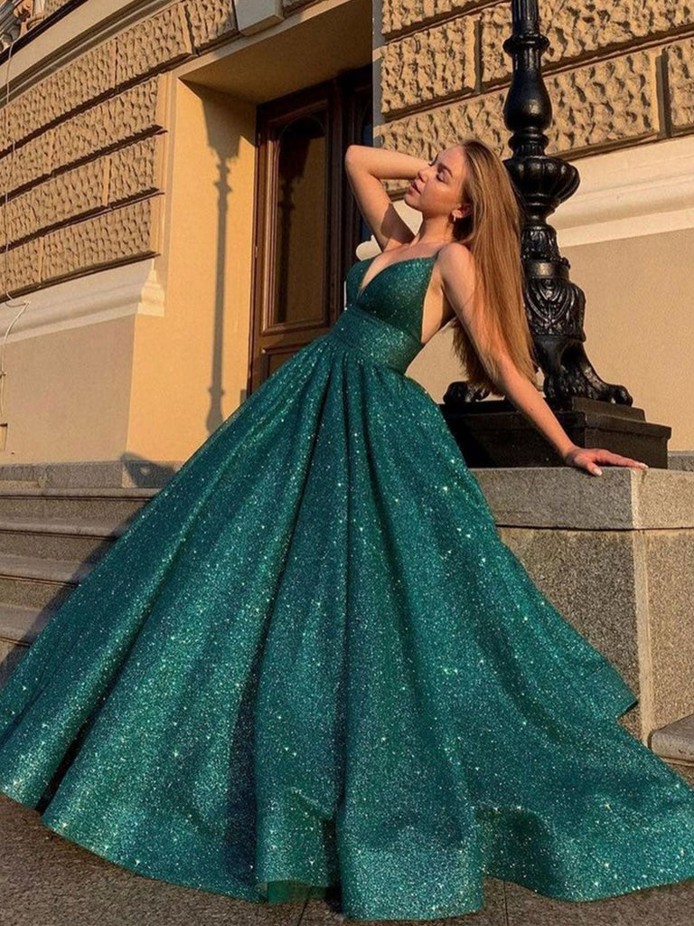 Shiny V Neck Green Prom Dresses, V Neck Long Green Formal Graduation D jbydress Shiny V Neck Green Prom Dresses, V Neck Long Green Formal Graduation D jbydress