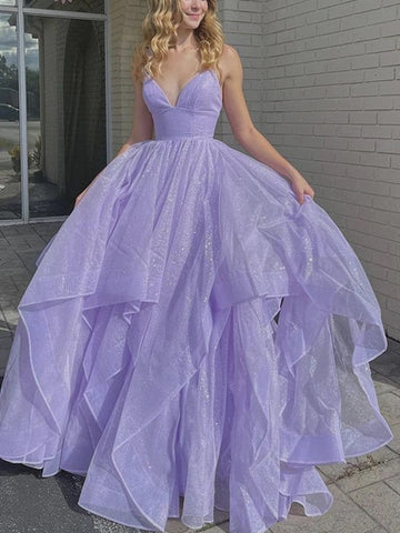 Shiny V Neck Purple Long Prom Dresses, Purple Long Formal Evening Dresses