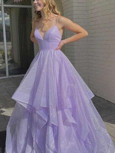 Shiny V Neck Purple Long Prom Dresses, Purple V Neck Long Formal Graduation Dresses