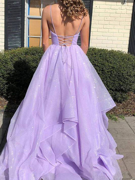 Shiny V Neck Purple Long Prom Dresses, Purple V Neck Long Formal Graduation Dresses