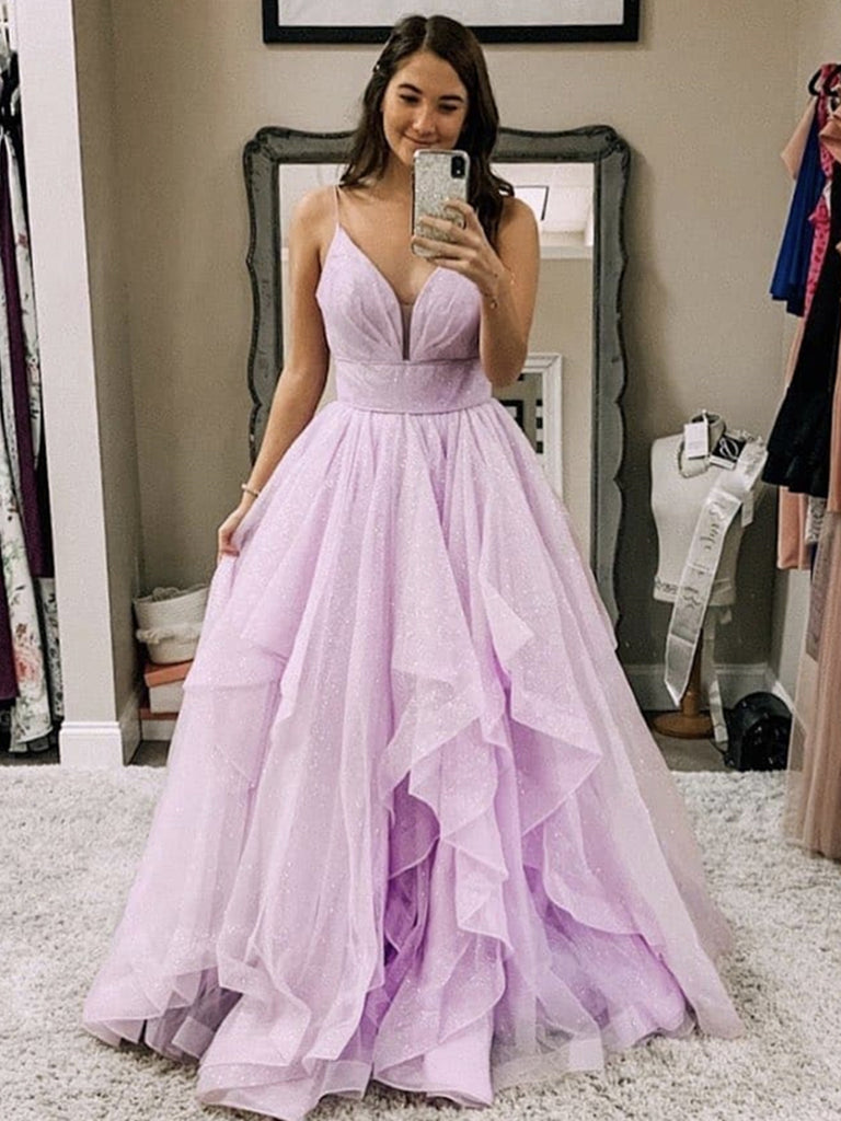 Shiny V Neck Purple Tulle Prom Dresses, Purple Long Formal Evening Dresses