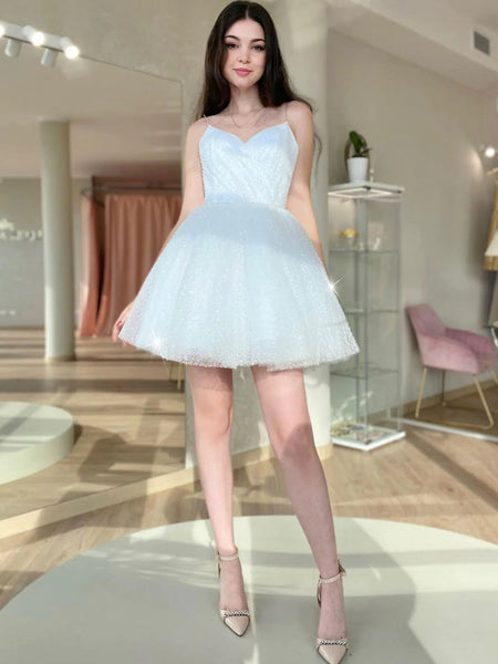 Shiny V Neck Short White Prom Dresses, V Neck Short White Formal Homecoming Dresses
