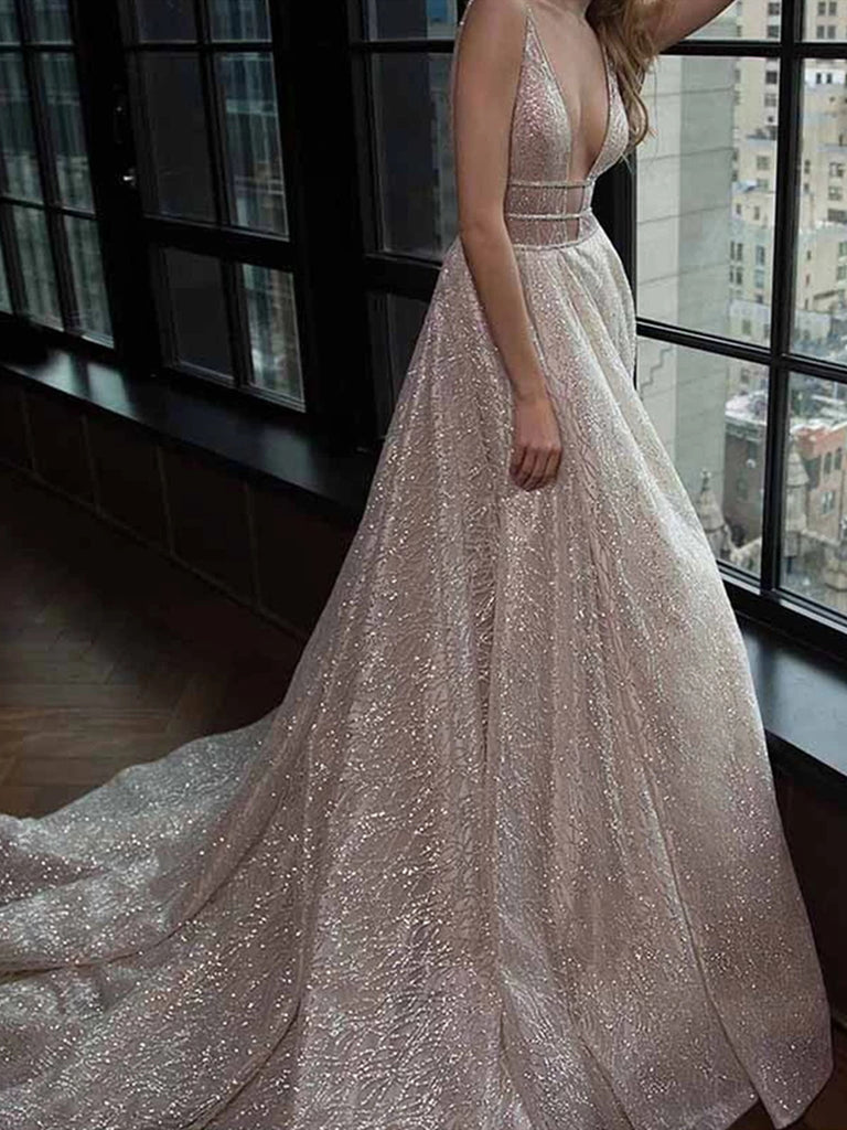 champagne and silver prom dresses Sparkly A-line V Neck Sequins Tulle Prom Dresses Long Formal Dresses US10 / Custom Color