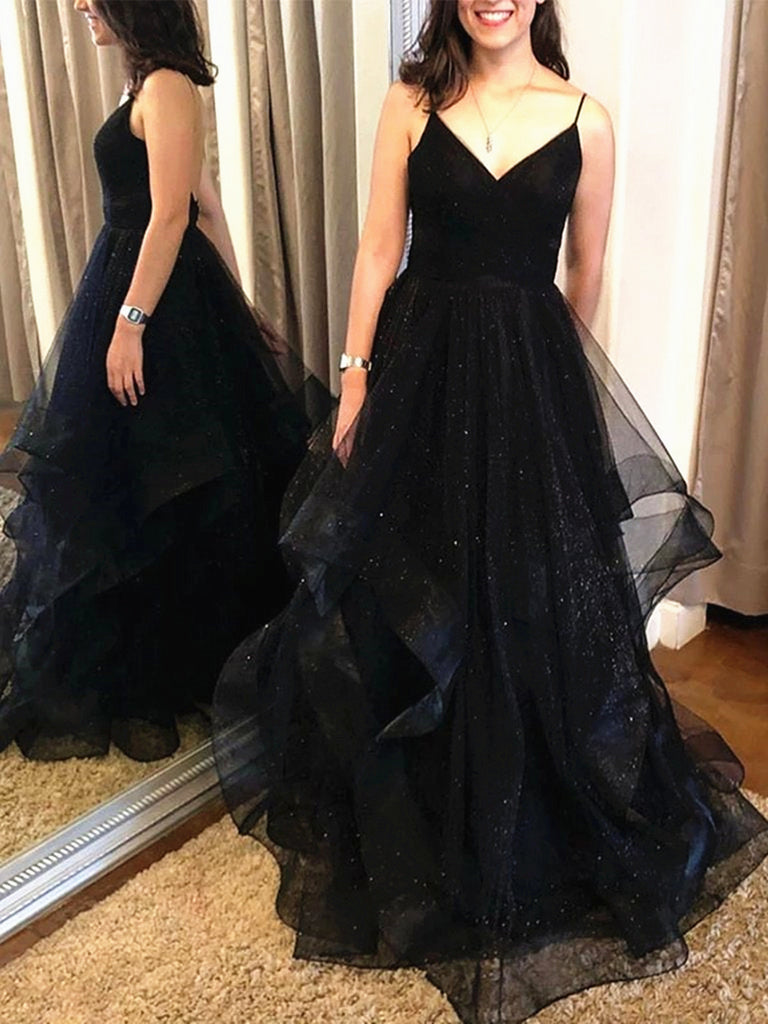 Shiny A Line V Neck Black Backless Prom Dresses, Black Open Back Forma
