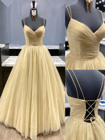 Shiny A Line V Neck Golden Tulle Prom Dresses, Golden Tulle Long Formal Evening Dresses