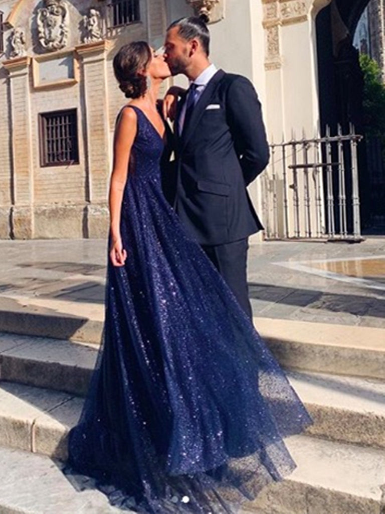 Shiny A Line V Neck Navy Blue Backless Prom Dresses, Open Back