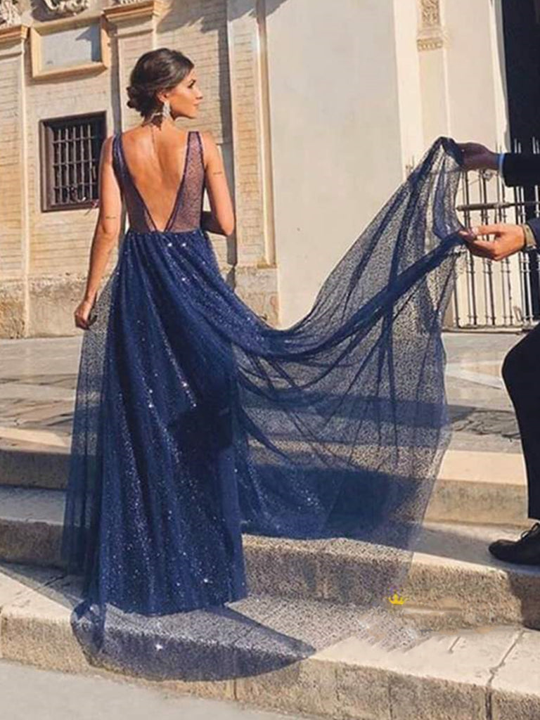 Shiny A Line V Neck Navy Blue Backless Prom Dresses, Open Back Navy Bl jbydress Shiny A Line V Neck Navy Blue Backless Prom Dresses, Open Back Navy Bl jbydress
