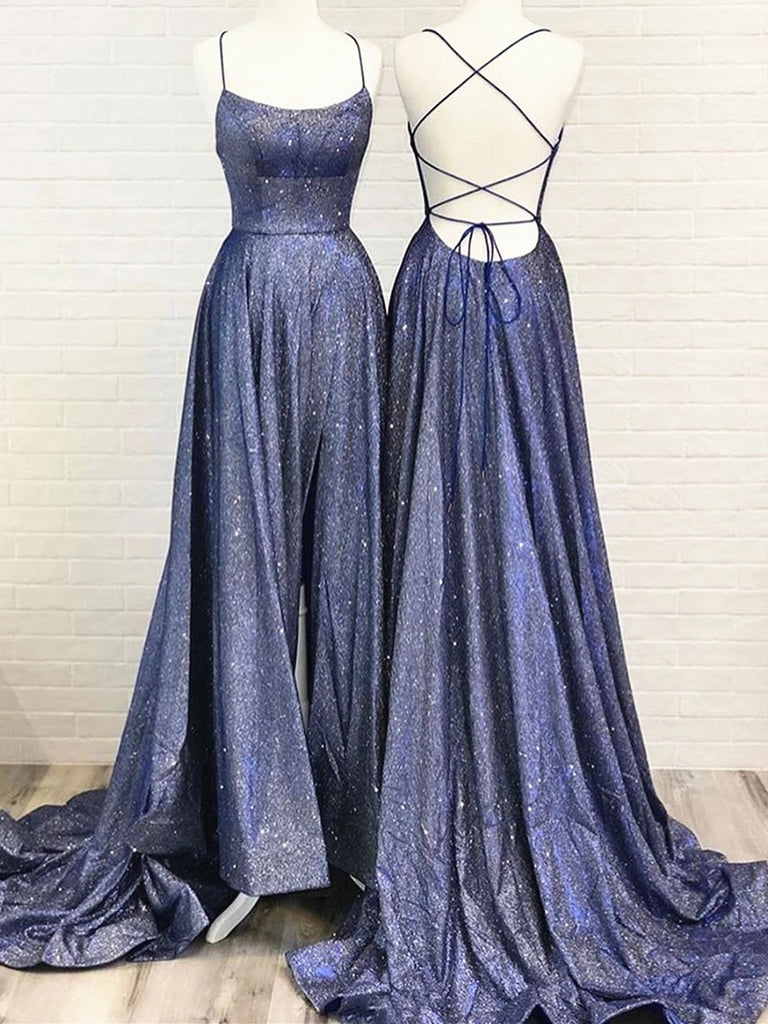 Shiny Blue Backless Prom Dresses, Blue Open Back Formal Evening Dresses