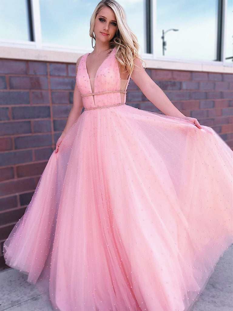 Shiny Pink V Neck Beaded Long Prom Dresses, Pink Long Beaded Formal Evening Graduation Dresses