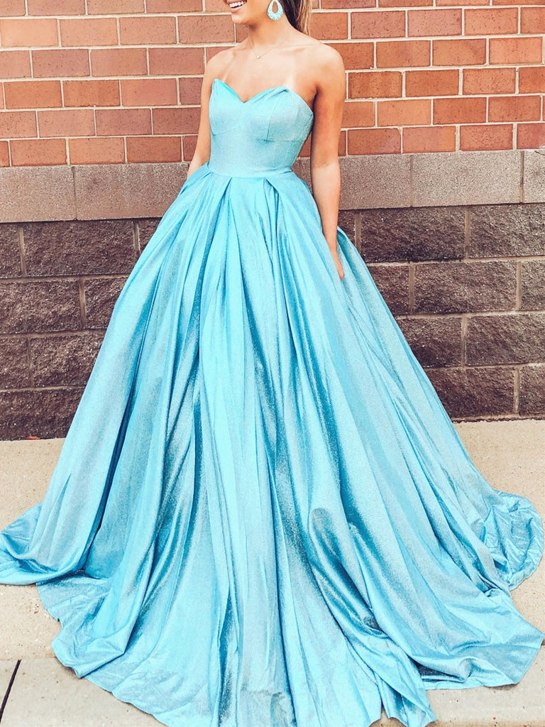Shiny Sweetheart Neck Long Blue Prom Dresses, Strapless Long Blue Formal Evening Dresses