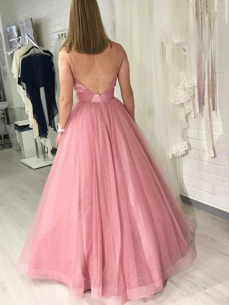 Shiny V Neck Pink Backless Prom Dresses, Pink Open Back Formal Evening Graduation Dresses