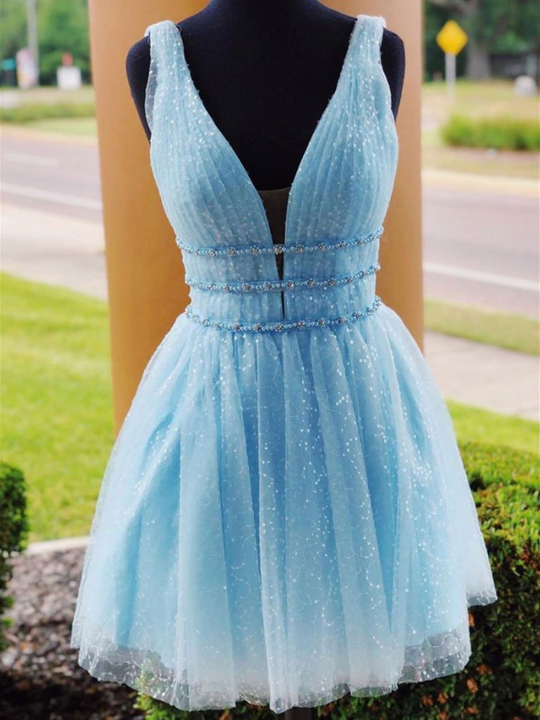 short prom dress patterns PromGirl Sheer-Corset Short Sequin Prom Dress Ice Blue Shimmer / 0
