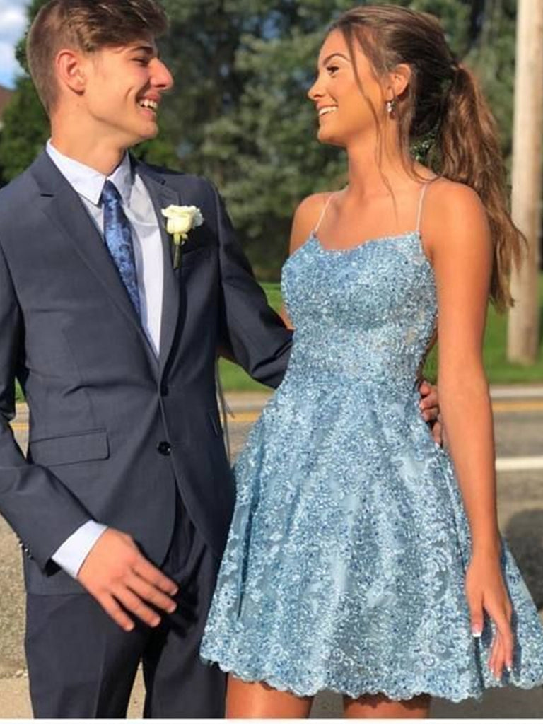 Short Backless Blue Lace Prom Dresses, Open Back Short Blue Lace Formal Homecoming Dresses