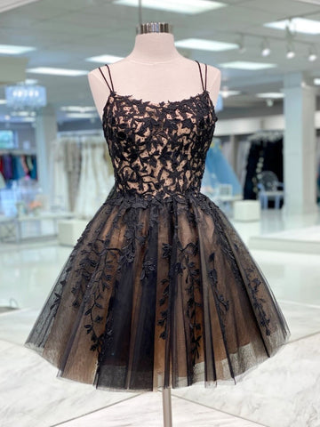A Line V Neck Short Black Lace Prom Dresses, Short Black Lace