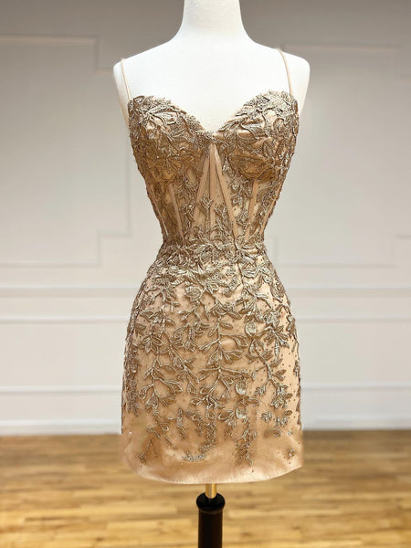 Short Champagne Lace Prom Dresses, Short Champagne Lace Formal Homecom