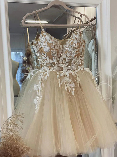 Short Champagne Lace Prom Dresses, Short Champagne Lace Graduation Homecoming Dresses