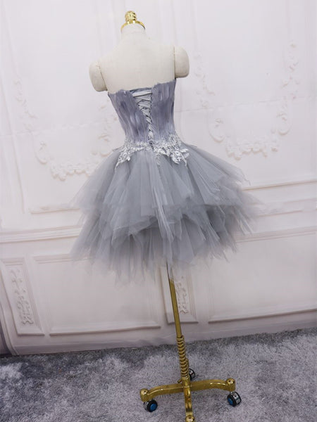 Short Gray Lace Prom Dresses, Short Gray Lace Formal Homecoming Dresses