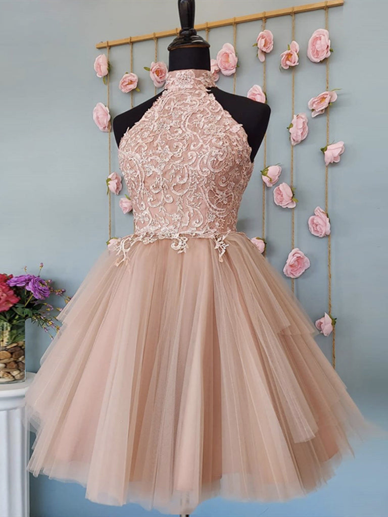 Short Halter Neck Pink Lace Prom Dresses, Halter Neck Short Pink Lace jbydress Short Halter Neck Pink Lace Prom Dresses, Halter Neck Short Pink Lace jbydress