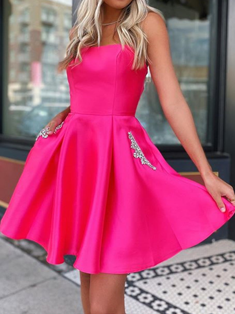 Short Hot Pink Satin Prom Dresses, Short Hot Pink Formal Homecoming Dresses
