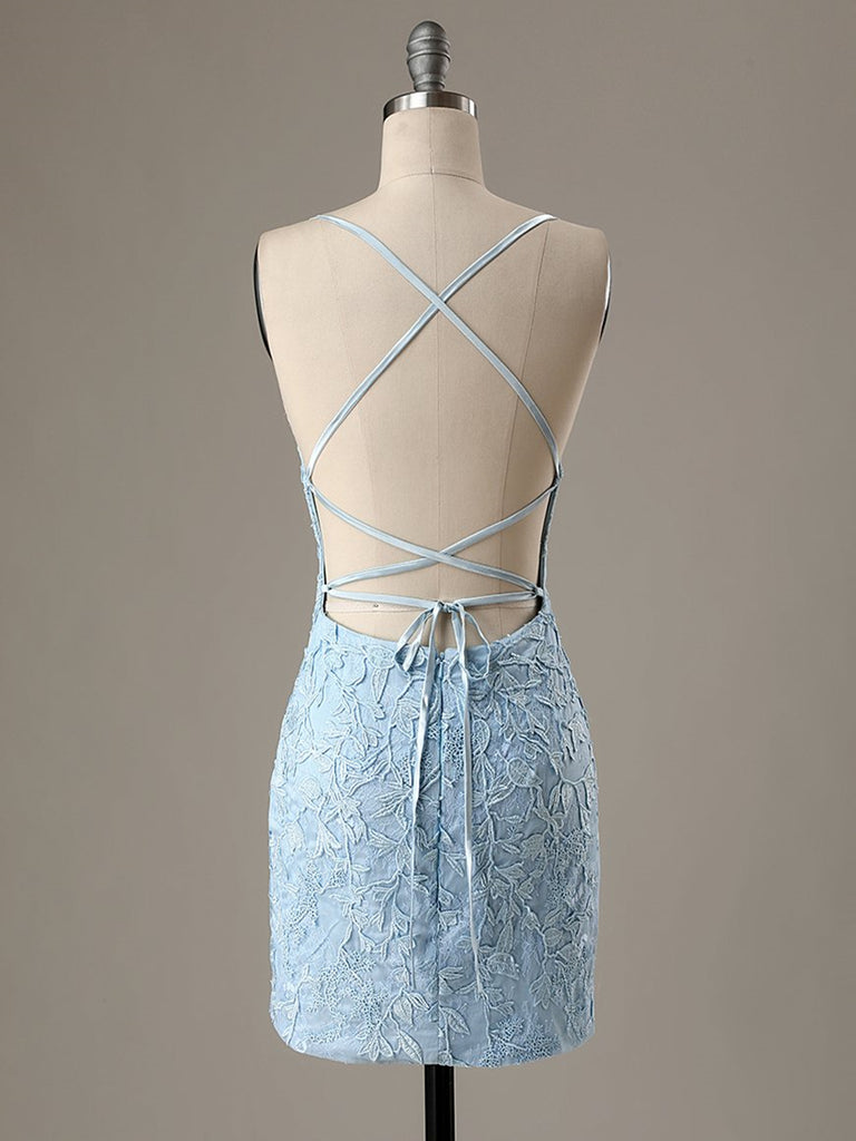 Short Light Blue Backless Lace Prom Dresses, Open Back Light Blue Lace jbydress Short Light Blue Backless Lace Prom Dresses, Open Back Light Blue Lace jbydress