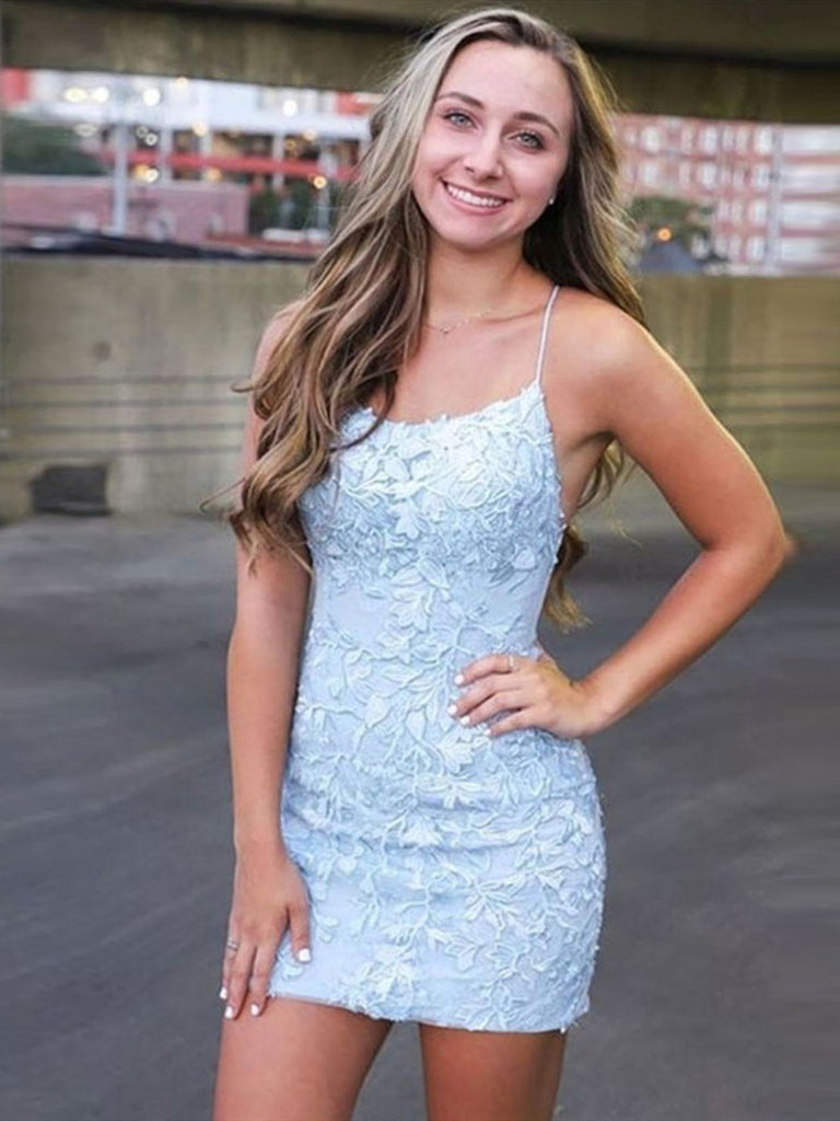 Short Light Blue Backless Lace Prom Dresses, Open Back Light Blue
