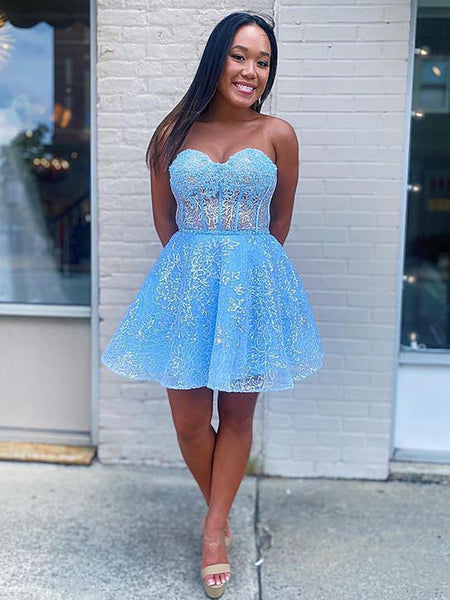 Short Light Blue Lace Prom Dresses, Light Blue Short Lace Formal Gradu
