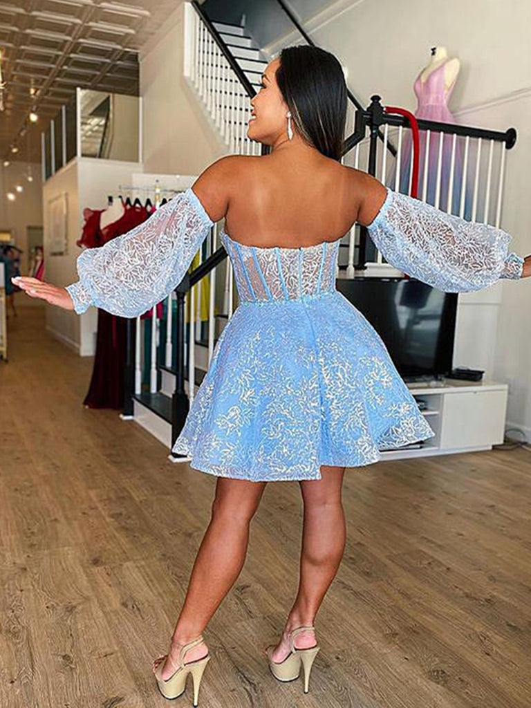 Short Light Blue Lace Prom Dresses, Light Blue Short Lace Formal Gradu – jbydress