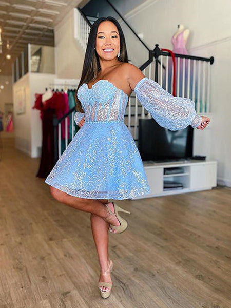 Short Light Blue Lace Prom Dresses, Light Blue Short Lace Formal Gradu
