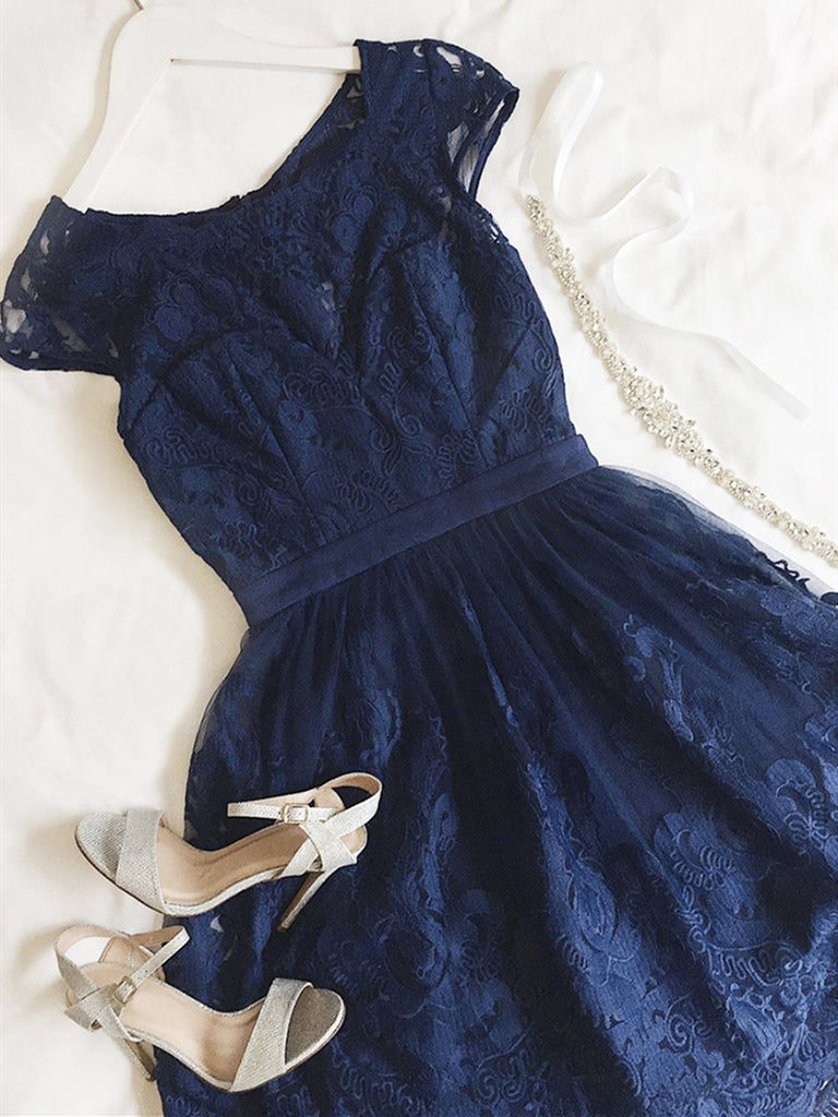 navy blue lace bridesmaid dresses short Short Navy Blue Homecoming Dresses 2025 Lace Wedding Guest Dress Navy Blue / US6