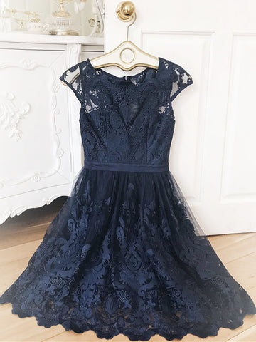 Short Navy Blue Lace Prom Dresses, Dark Blue Short Lace Formal Bridesmaid Dresses