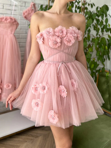 Short Pink Floral Prom Dresses, Short Pink Floral Graduation Homecoming Dresses