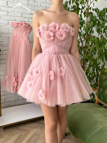 A Line V Neck Backless Pink Floral Lace Prom Dresses, Pink 3D Flower Lace  Formal Graduation Homecoming Dresses