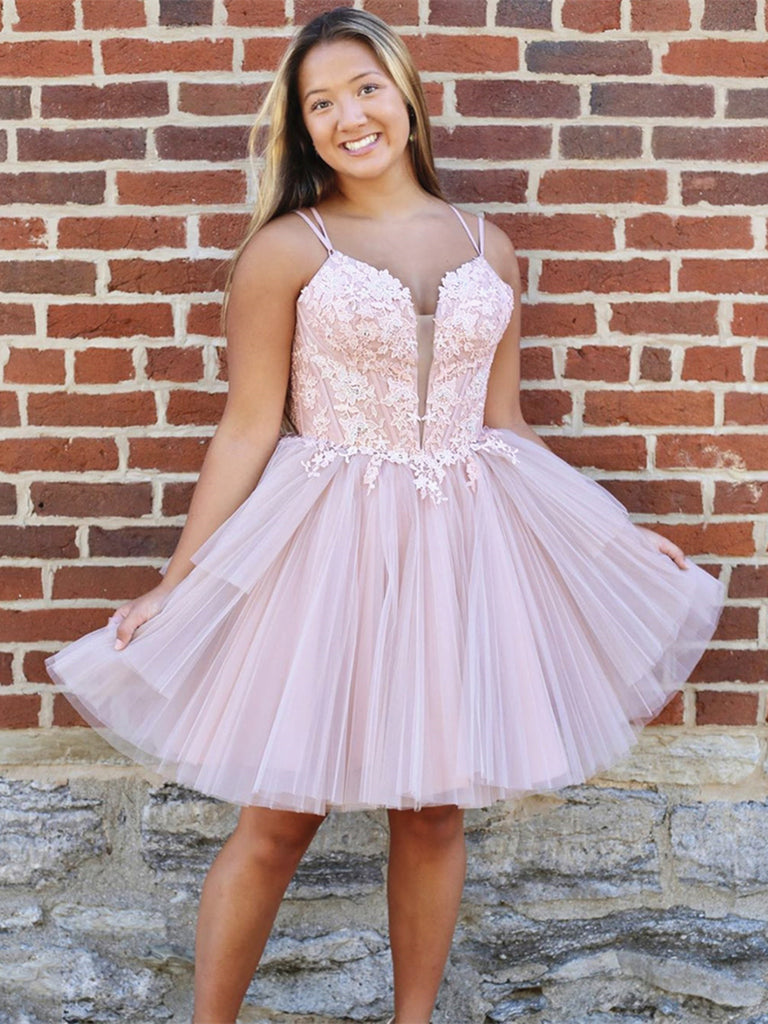 Short Pink Lace Prom Dresses, Deep V Neck Short Pink Lace Formal Homec