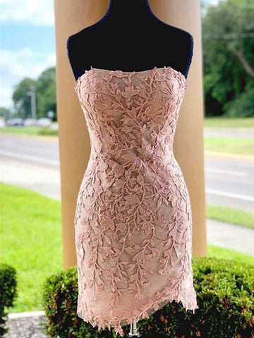 Short Pink Lace Prom Dresses, Short Pink Lace Formal Graduation Homecoming Dresses