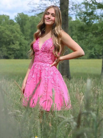 Strapless Short Pink Lace Prom Dresses, Short Pink Lace Graduation