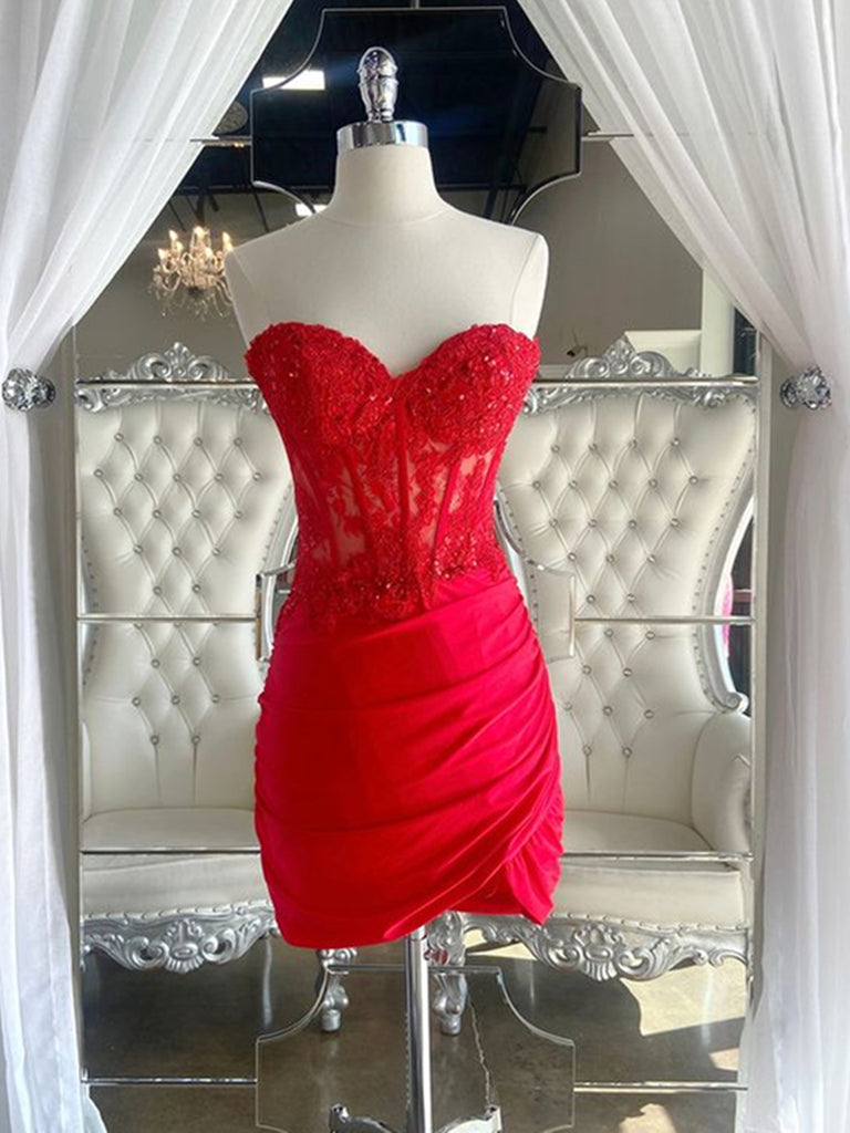 Short Red Lace Prom Dresses, Short Red Lace Graduation Homecoming Dresses