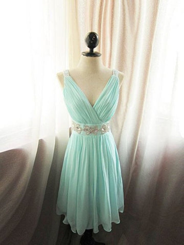 A Line V Neck Light Blue Chiffon Prom Dresses, Simple Style Sky